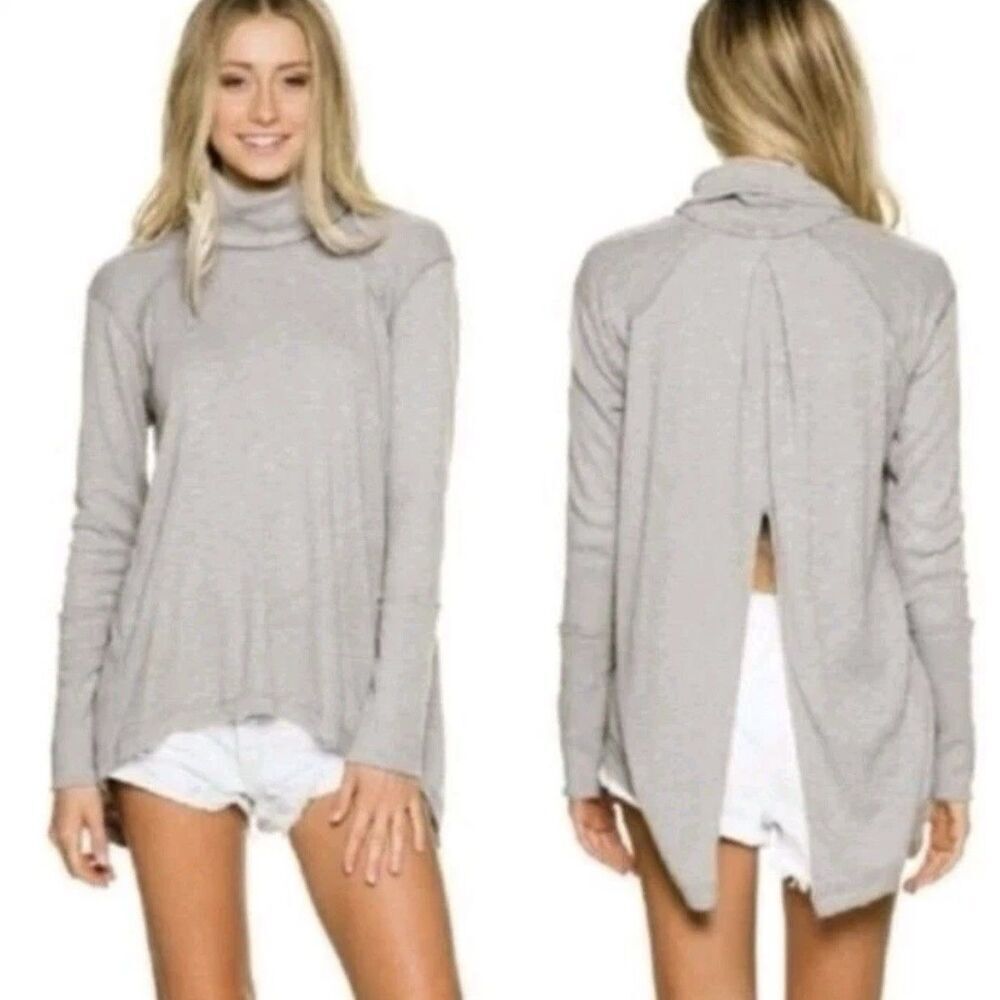 Free People We The Free Oversized Turtleneck Knit Top XS Gray Open Back Split